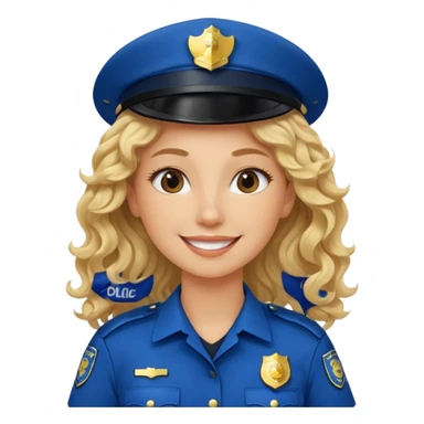 Female POLICE IN blue, long blonde curly hair, happy smile sticker