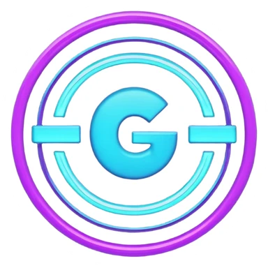 futuristic minimalistic emoji icon, letters "G" formed by three glowing digital lines representing Storm, Atom and NoizeGames, neon purple (#8B5CF6) and cyan (#00E0FF) on dark background, modern tech style, 1:1 aspect ratio sticker