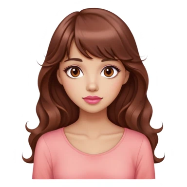 cute lady, light tan skin, big dark brown eyes, very long wavy auburn hair, bangs, pink top, coral lipstick sticker