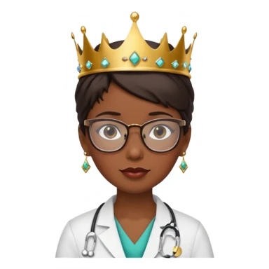 female doctor very short dark brown hair with glasses and earings and a crown sticker
