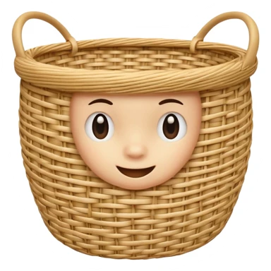 A 3D cartoon natural straw woven basket with detailed weave pattern, soft light, Memoji-style realism. sticker