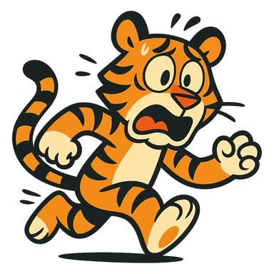 cartoonish tiger running away, looking scared, vibrant toon style sticker