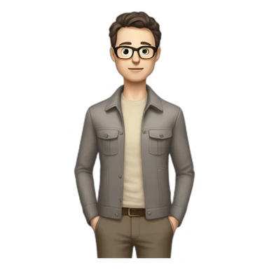Full height Pale skinned Fit Man With dark brown hair in gray classic jacket, beige office shirt, Brown pants and vintage glasses. Thrumbs of his palms upwards sticker