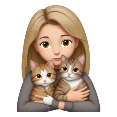 Une femme avec les cheveux dégradée, brun et blond, qui fait un câlin à son chat gris, tigré avec les extrémités que pattes pointe d’oreilles noires et le dessous du menton blanc la fille n’a pas d’oreilles, il n’y a qu’un seul chat sticker