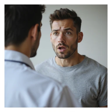 realistic 28-year-old man receiving celiac disease diagnosis from doctor, incredulous or shocked expression, clinical environment sticker