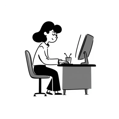 teacher at desk working in front of computer, hand-drawn doodle style sticker