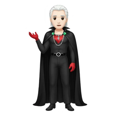 Dracula with long white hair, black sequin baggy pants, shirtless with necklace, black sequin cape sticker
