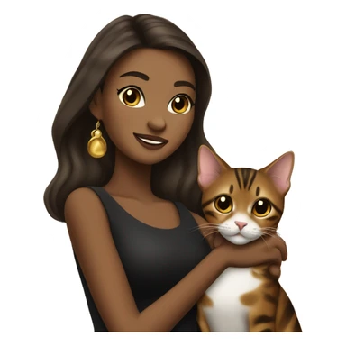 Beautiful skinny woman long dark brown hair in dark dress with gold earrings hug bengal cat sticker
