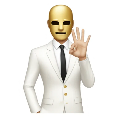 White suit Guy with gold Mask raising his right hand and looking down sticker