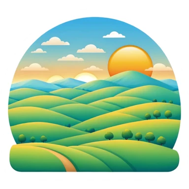 sunrise over rolling hills, clear sky, cheerful colors, minimalistic sticker