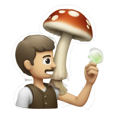man with mushroom head holding mdication sticker