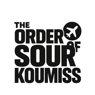 A retro 90s logo for 'The Order of Sour Koumiss' with bold typography and a subtle travel-related icon, in black and white sticker