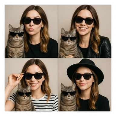 a white woman with light brown ombre hair and a grey tabby cat, both wearing black sunglasses and looking cool, in a variety of fun and stylish interpretations sticker
