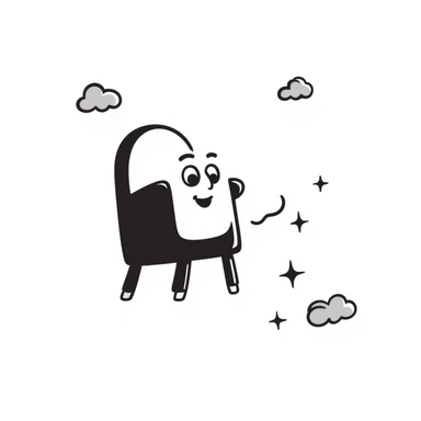 Hand-drawn flying chair with googly eyes and a happy expression, soaring through the sky sticker