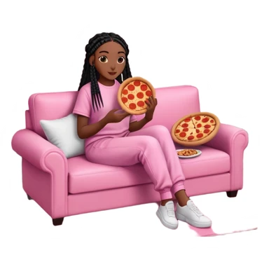 A dark-brown-skinned Black woman with black box braids, sitting on a pink couch, holding an open pizza box.She’s wearing comfy loungewear, looking relaxed and enjoying her food. sticker