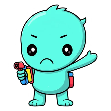 sad face character with water gun pointing directly at its temple sticker