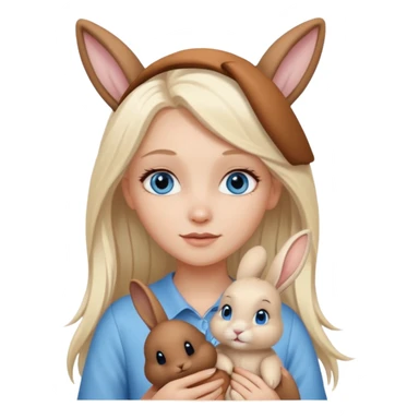 Pale white girl with long platinum blonde hair and blue eyes, holding long ear brown bunny sticker