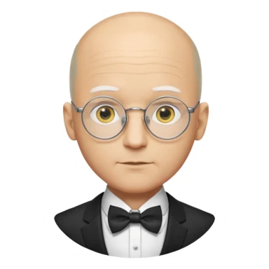 Yellow-skinned animated man. Bald on top with thin gray hair at the sides. Large round white eyes with black pupils. Wears round glasses. Pointed nose. Visible suit lapels, white shirt collar, and bow tie at the neck. sticker