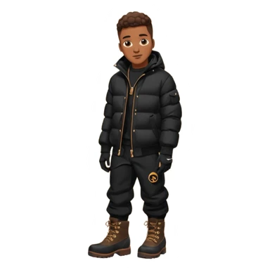 Handsome Black grown man with brown skin tone, wear black joggers, a black bubble coat, and buckwheat timberland boots, and black gloves sticker