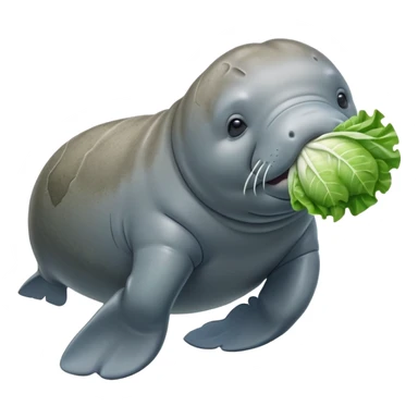 Cinematic realistic full body side view of a manatee holding a head of iceberg lettuce in his front flippers  sticker