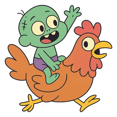a green baby zombie riding a chicken, calArts 2010s cartoon style, cute, exaggerated features sticker