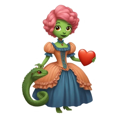 a green reptilian woman in Victorian orange and blue dress, pink hair,holdig, red big hearth, full body sticker