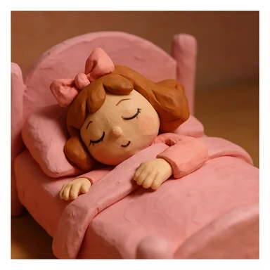 coquette girl sleeping in a pink soft bed, claymation style sticker