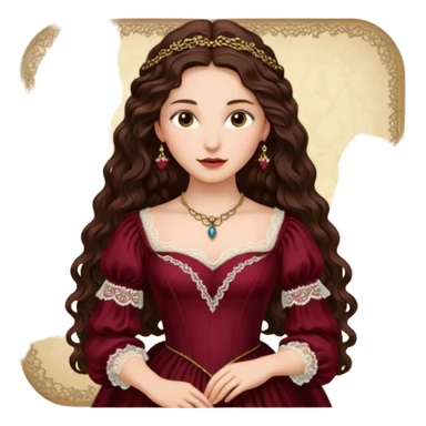 Renaissance lady – long dark brown wavy hair, burgundy gown with lace neckline sticker