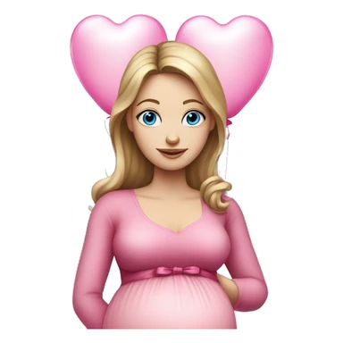White pregnant woman with blue eyes and Dark blond hair, pink dress with bow. She is standing holding two  pink heart ballons.  sticker