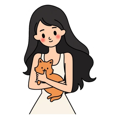 beautiful girl with long black hair wearing a white dress holding an Abyssinian cat with reddish-brown fur in her arms sticker