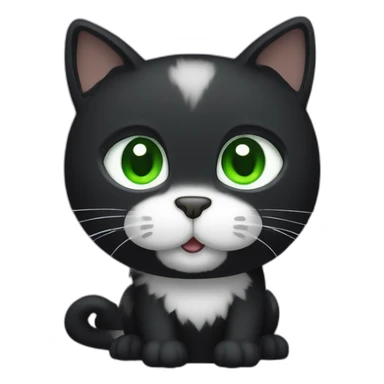 A black cat with green eyes with a white mustache, a white stripe on its nose, a full-length white breast and white paws sticker