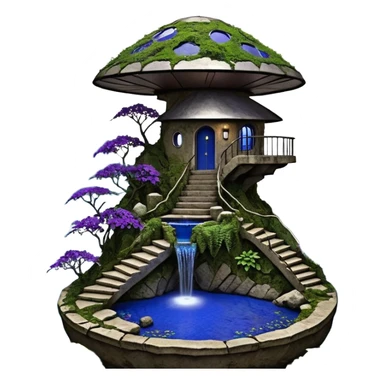 Alien saucer house jungle-vines precarious narrow stairway fountain mountain-island getaway nighttime landscape antique mudman very old broken cracked intricate Stone Age lapis-crusted irregular dodecagon-shaped shallow dark moss rough bark violet serissa flowered maple tree bonsai pot sticker