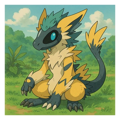Sergal-Protogen-Trico-Zeraora-Vernid-fusion-hybrid-creature, drawn in a Pokémon/Digimon style sticker