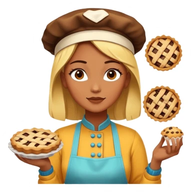 Baking community woman avatar in vibrant style illustration. Pie, cookie, and muffin warm golden tones, simple shapes, flat design, high contrast. sticker