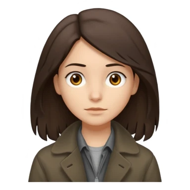 Hobo tomboy with shoulder-length center-parted dark brown hair. brown eyes, dark dull brown coat, grey shirt. sticker