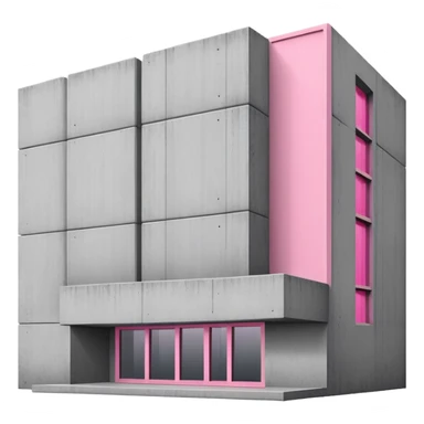 Minimalist brutalist building made of gray concrete with a pink window that stands out sticker