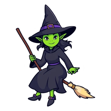 Elphaba, green-skinned witch with black hat and long black dress riding a broomstick sticker