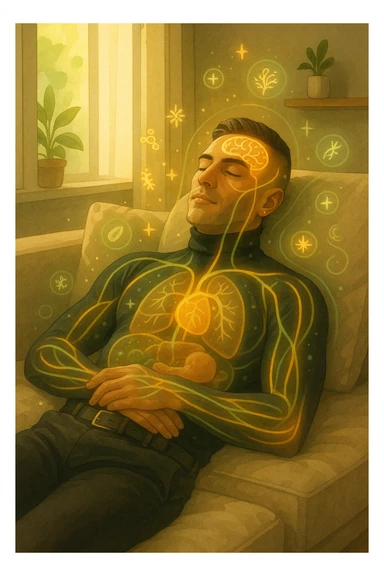 Uomo sdraiato su un divano nel primo pomeriggio, mentre fa un breve riposino. Il suo corpo appare parzialmente trasparente o stilizzato, con luce calda e flussi energetici dorati e verdi che scorrono attraverso muscoli, cervello, e organi. Intorno a lui si vedono piccoli simboli di rigenerazione: cellule che si rinnovano, tessuti che si illuminano, aura rilassata. L'ambiente è calmo e ordinato, luce naturale che entra da una finestra, atmosfera rigenerante, stile realistico con accenti metaforici. sticker