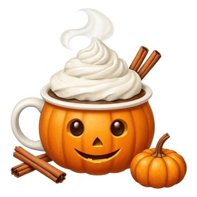 Steaming coffee Mug with whipped Cream and cinnamon Dust on Cream.  Small Punkin and 3 sticks of cinnamon next to mug sticker