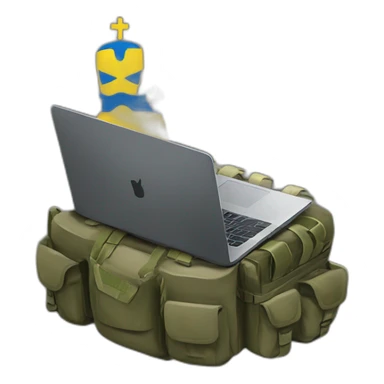 Some military gut with ukrainain flag on shouder with laptop coding sticker