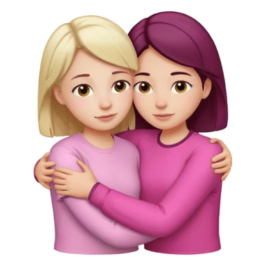 2 girls hugging each other. One is wearing white shirt and the other is wearing pink sticker