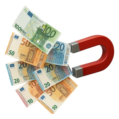 banconote di euro fluttuano vicino ad una calamita rossa, sono attratte, iperrealistico 4k sticker