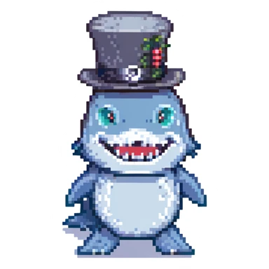 shark wearing a top hat, pixel art style sticker