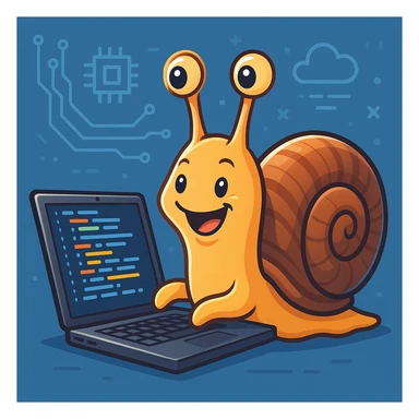 a cheerful snail working on technology, coding on a laptop, modern style, digital art sticker