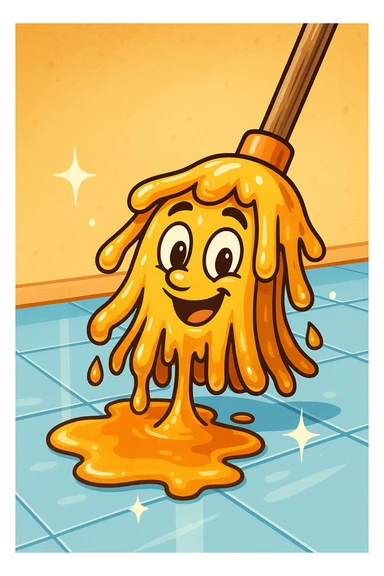 A cartoon mop with syrup dripping from it, cleaning a shiny floor, in a playful style sticker