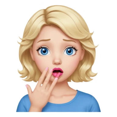 Girl Blonde short wavy hair,  blue eyes, cute blue top, long lashes, pink lips, shocked, hand over the mouth sticker