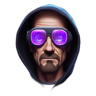 Walter White wearing a black hoodie with "OMG" letters on it and VR headset in a cyberpunk VR environment with violet neon lighting. sticker