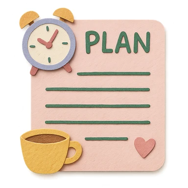 soft pastel daily planner page with coffee cup, cute clock, and heart doodles, hand-drawn style sticker