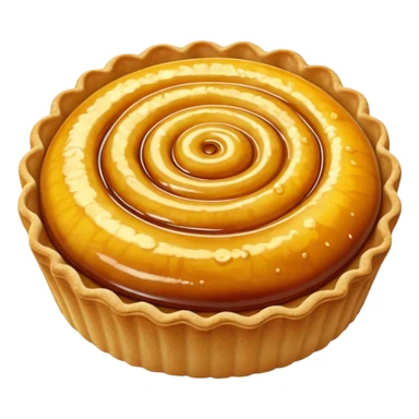 tart whole with golden crimped crust and glossy caramelized filling, soft texture, bubbling or fruit swirl, no plate or garnish, soft lighting, emoji scale sticker
