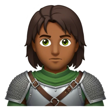 medieval battle armor worn by a DnD themed fantasy character. basic half-plate armor with a chainmail coif and a leather gorget. armor only above the waist. The armor full waist. The character's haven't arms. character is dark brown hair green eyes shoulder-length hair brown-skinned man. sticker